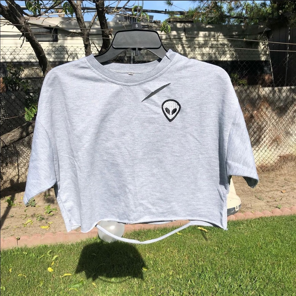 Grey crop top with alien logo
